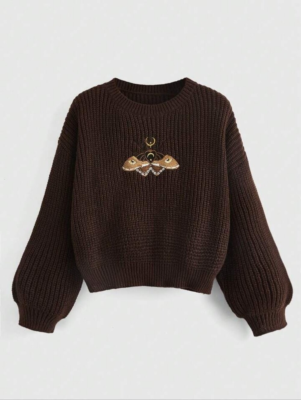 Cropped Crewneck Sweater with Embroidered Moth